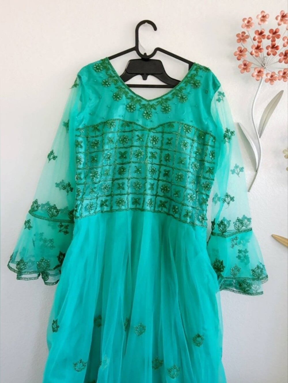 Girls Turquoise Embroidered Party Net Gown/ Dress With Dupatta